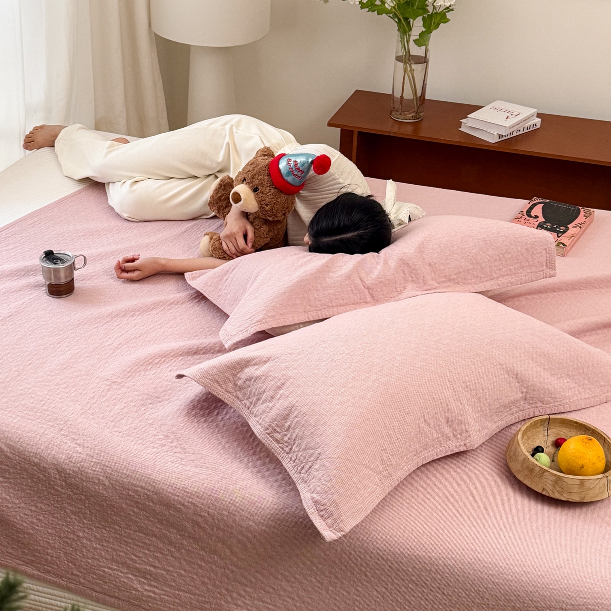 91家纺网 家纺一手货源 找家纺 沐瑟家纺 2026新款纯棉四层纱布枕巾-素格和米格 米格-粉色