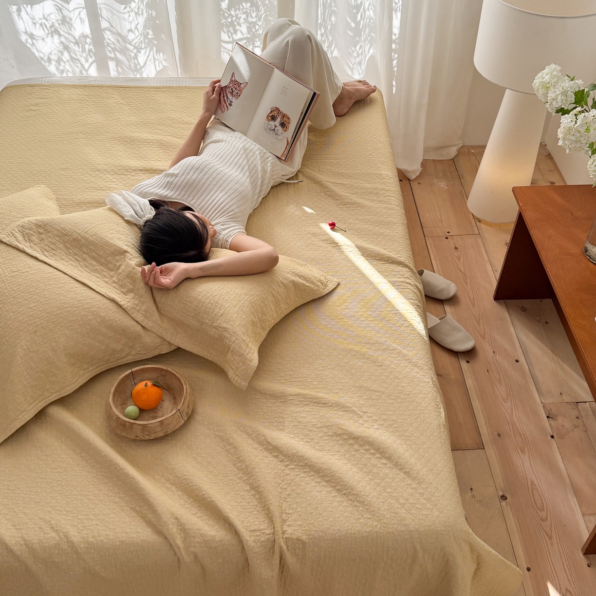 91家纺网 家纺一手货源 找家纺 沐瑟家纺 2026新款纯棉四层纱布枕巾-素格和米格 米格-黄色