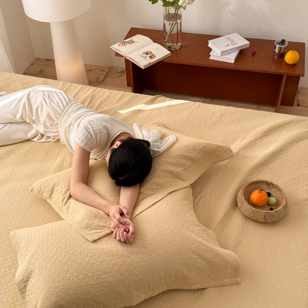 91家纺网 家纺一手货源 找家纺 沐瑟家纺 2026新款纯棉四层纱布枕巾-素格和米格 米格-黄色