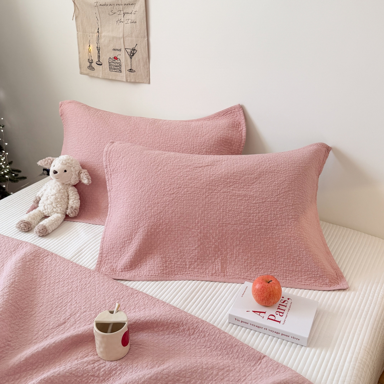 沐瑟家纺 2026新款纯棉四层纱布枕巾-素格和米格 素格-粉