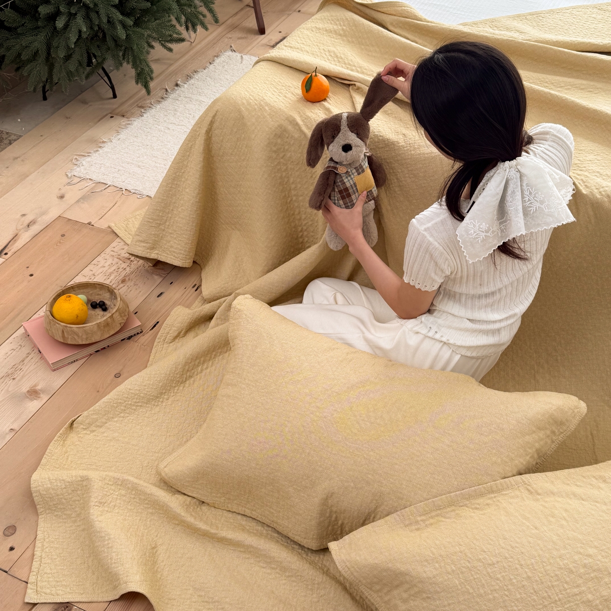 91家纺网 家纺一手货源 找家纺 沐瑟家纺 2026新款纯棉四层纱布枕巾-素格和米格 米格-黄色