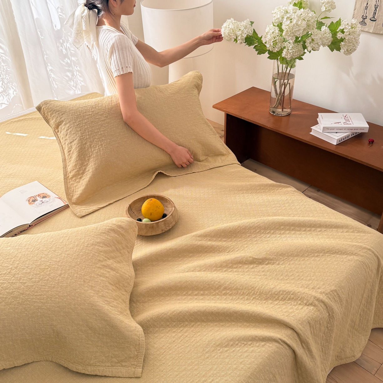 91家纺网 家纺一手货源 找家纺 沐瑟家纺 2026新款纯棉四层纱布枕巾-素格和米格 米格-黄色