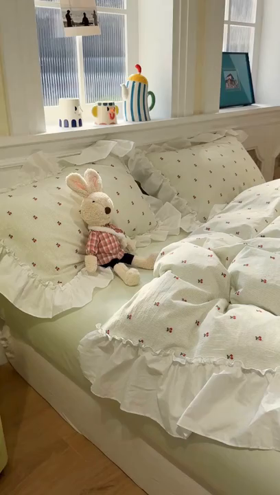 91家纺网 家纺一手货源 找家纺 觅糖家纺 2026新款全棉水洗棉色织提花四件套-樱桃甜梦（会员-5） 樱桃甜梦绿