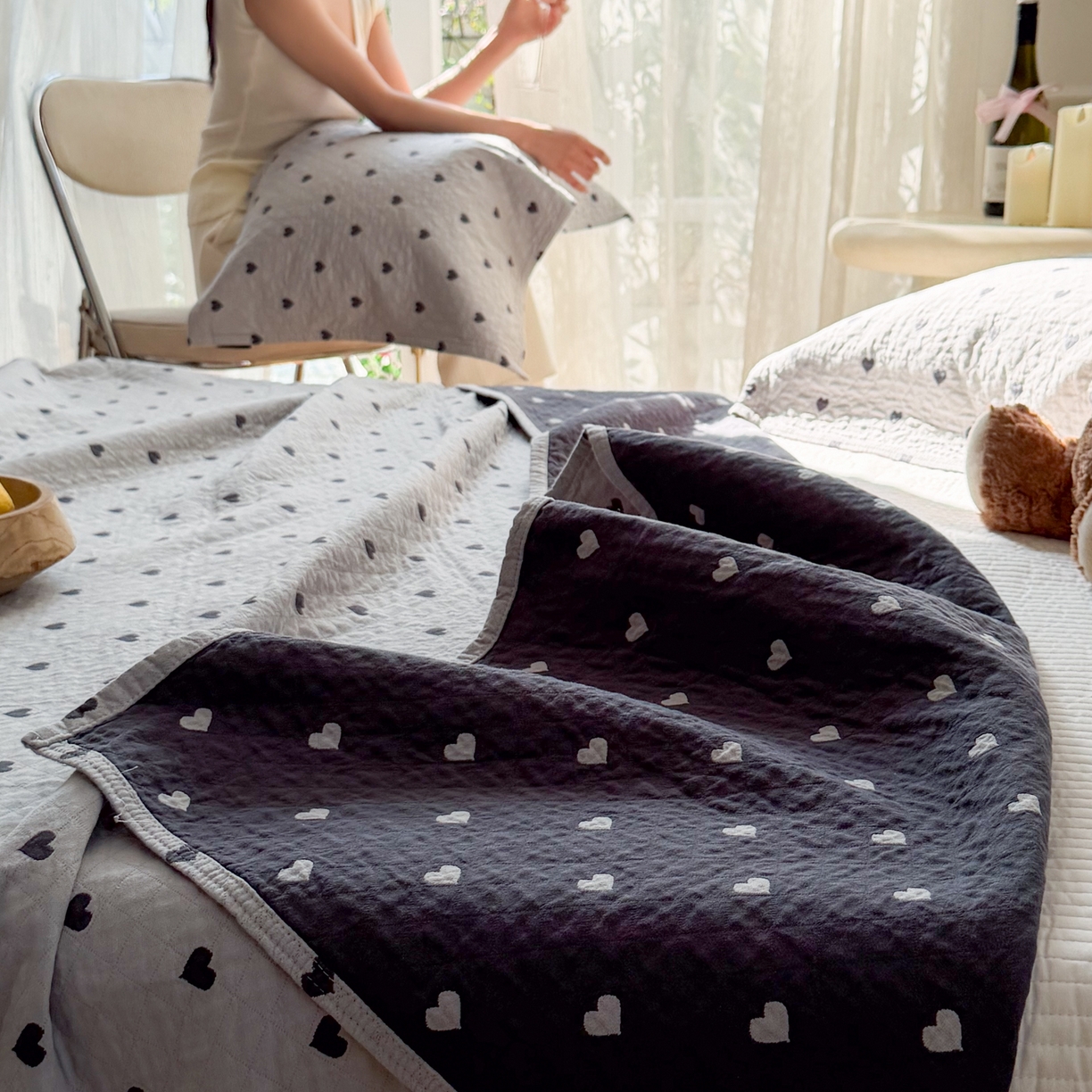 91家纺网 家纺一手货源 找家纺 沐瑟家纺 2026新款亲肤舒适全棉四层纱布枕巾-星星和心情系列 心情-灰蓝