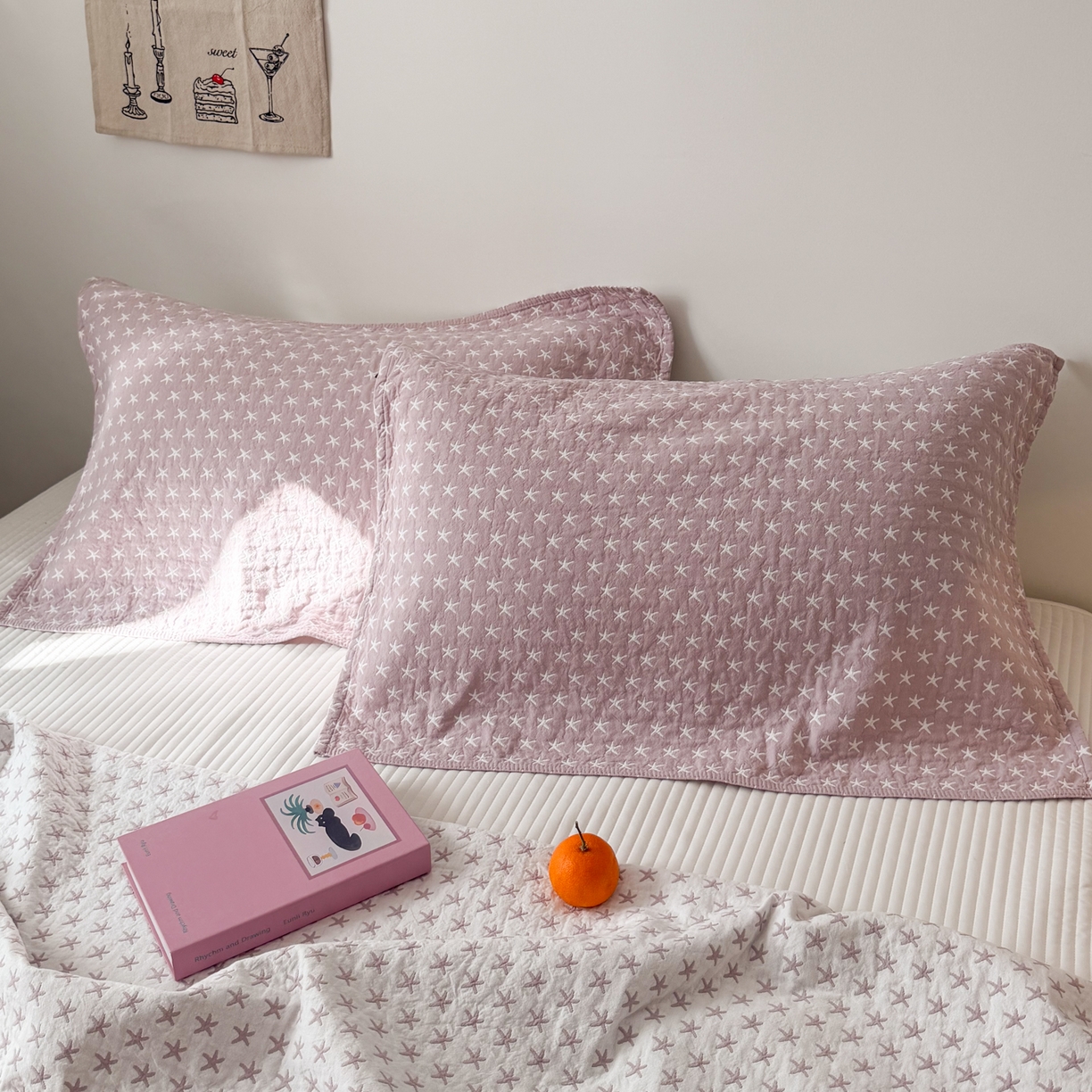 沐瑟家纺 2026新款亲肤舒适全棉四层纱布枕巾-星星和心情系列 星星-紫色