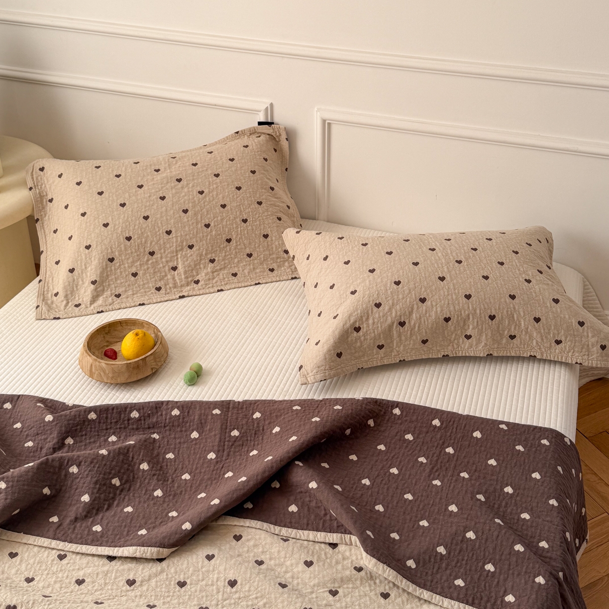 沐瑟家纺 2026新款亲肤舒适全棉四层纱布枕巾-星星和心情系列 心情-卡其