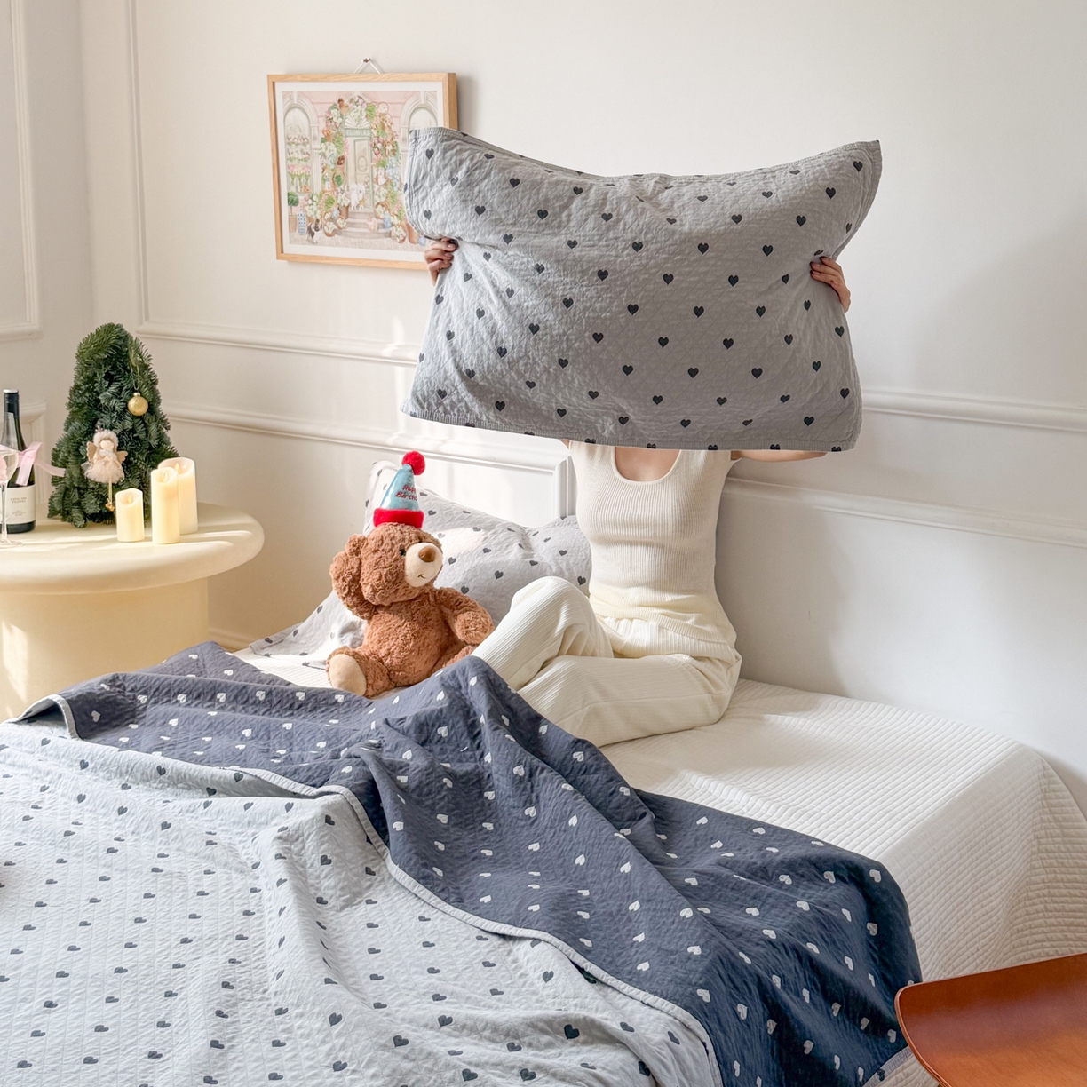 91家纺网 家纺一手货源 找家纺 沐瑟家纺 2026新款亲肤舒适全棉四层纱布枕巾-星星和心情系列 心情-灰蓝