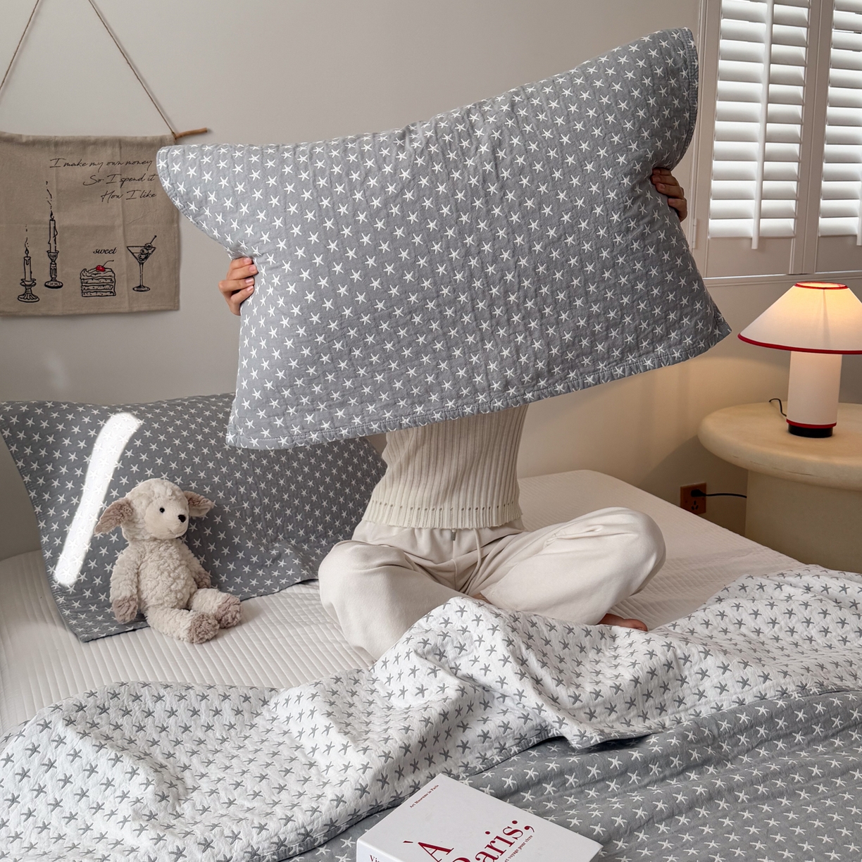 91家纺网 家纺一手货源 找家纺 沐瑟家纺 2026新款亲肤舒适全棉四层纱布枕巾-星星和心情系列 星星-灰色