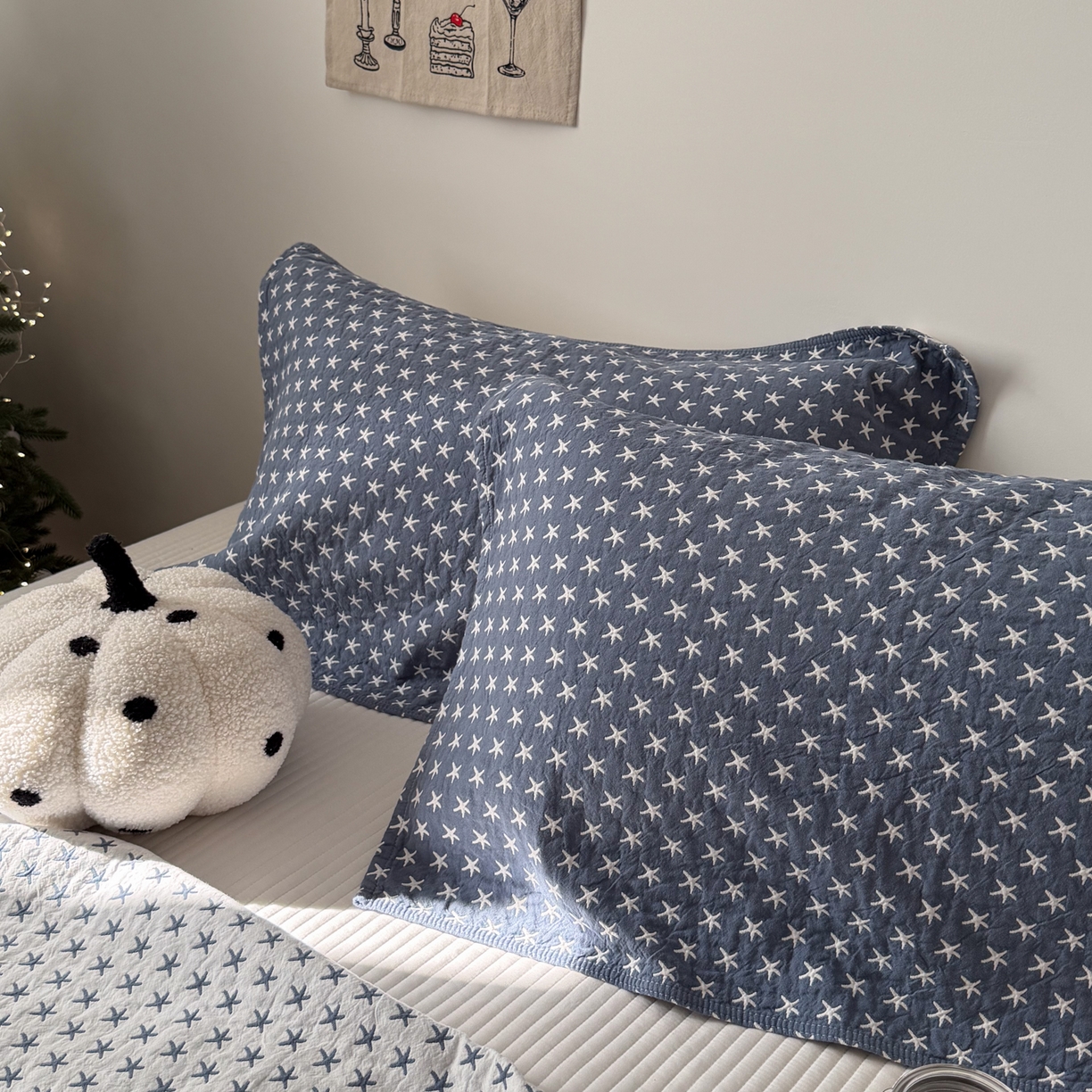 91家纺网 家纺一手货源 找家纺 沐瑟家纺 2026新款亲肤舒适全棉四层纱布枕巾-星星和心情系列 星星-蓝色