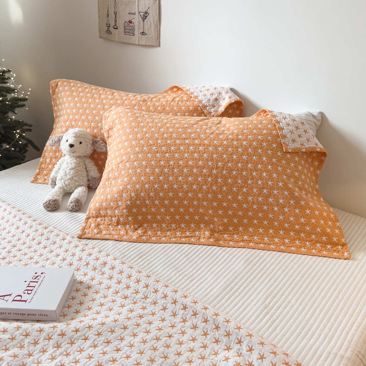 沐瑟家纺 2026新款亲肤舒适全棉四层纱布枕巾-星星和心情系列 星星-黄色