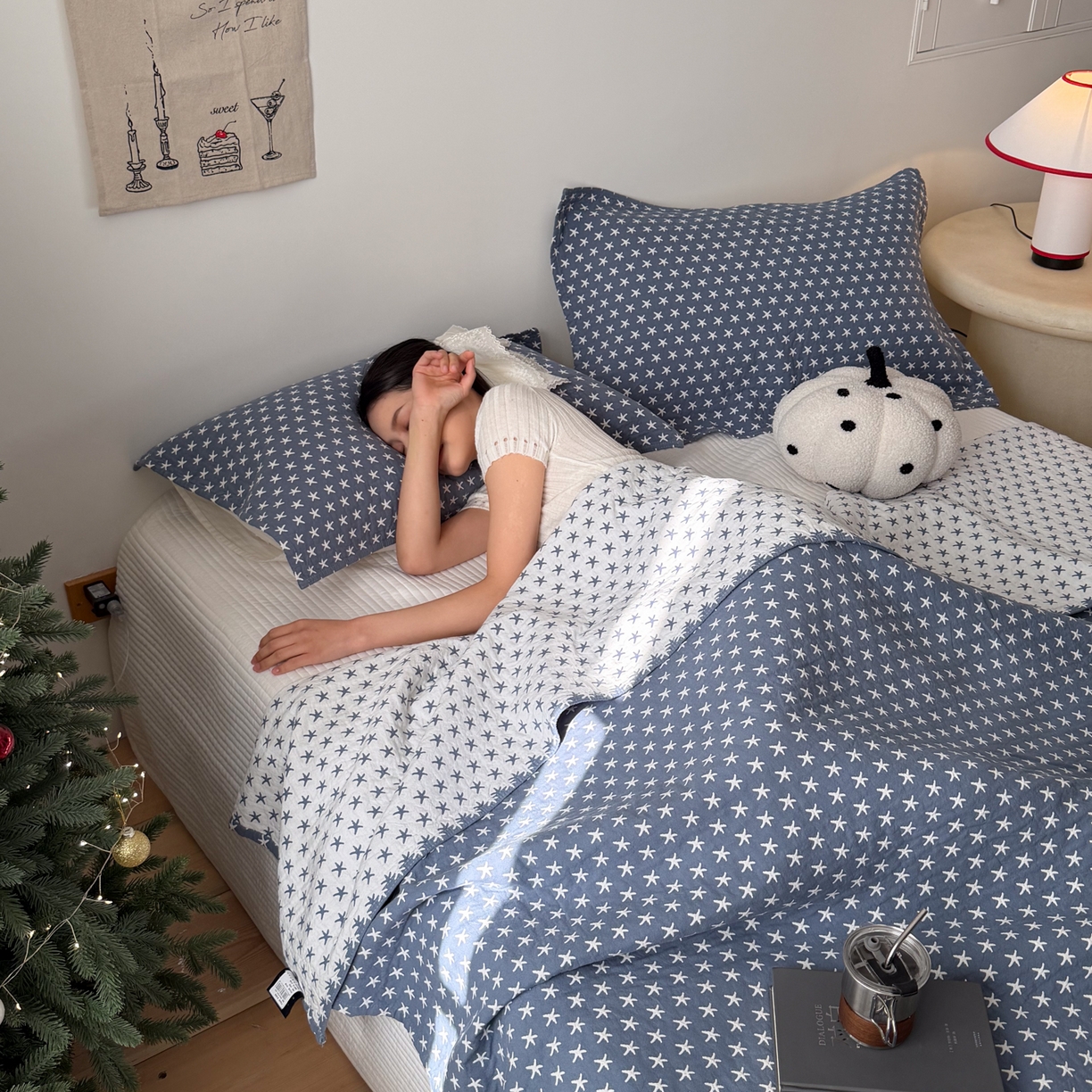 91家纺网 家纺一手货源 找家纺 沐瑟家纺 2026新款亲肤舒适全棉四层纱布枕巾-星星和心情系列 星星-蓝色