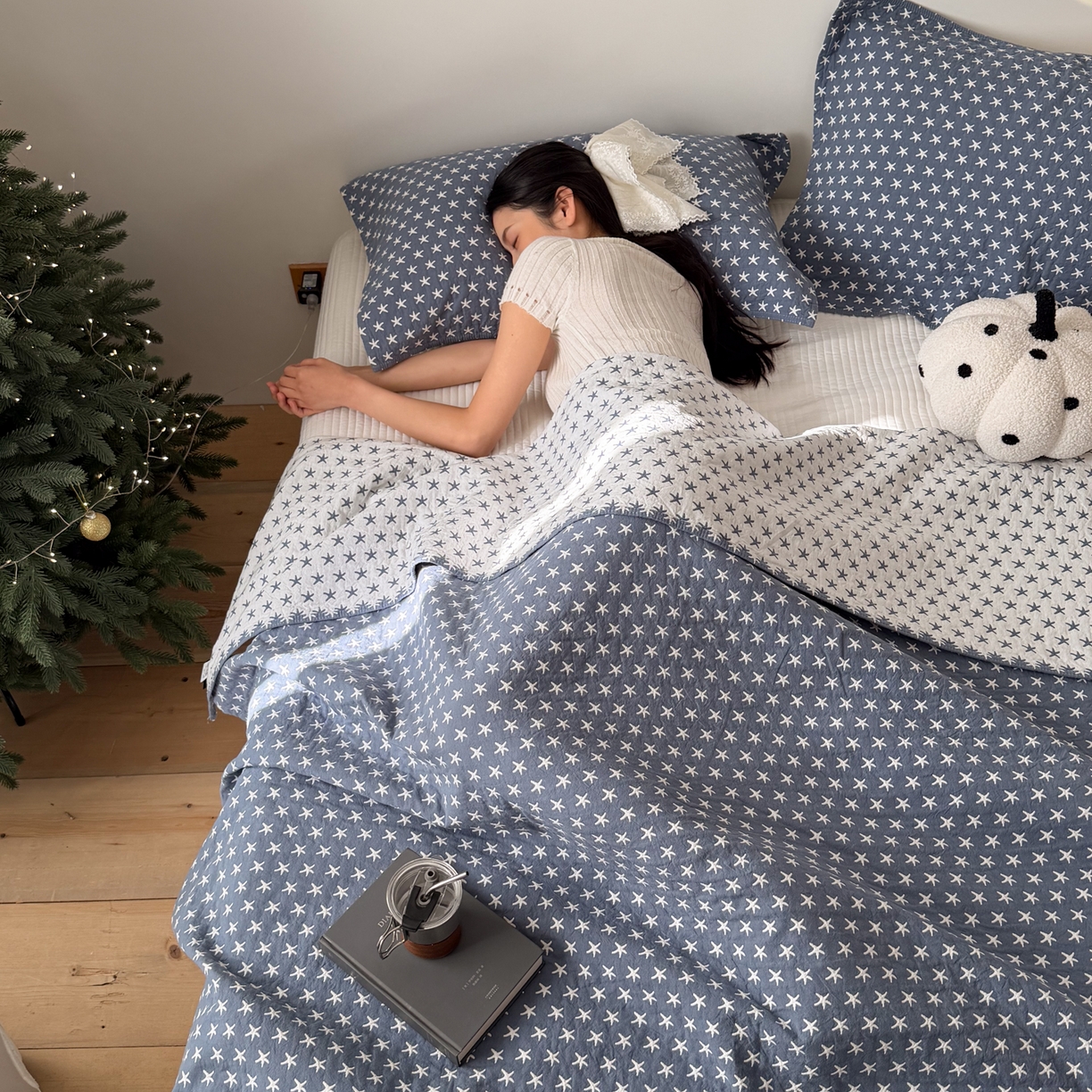 91家纺网 家纺一手货源 找家纺 沐瑟家纺 2026新款亲肤舒适全棉四层纱布枕巾-星星和心情系列 星星-蓝色