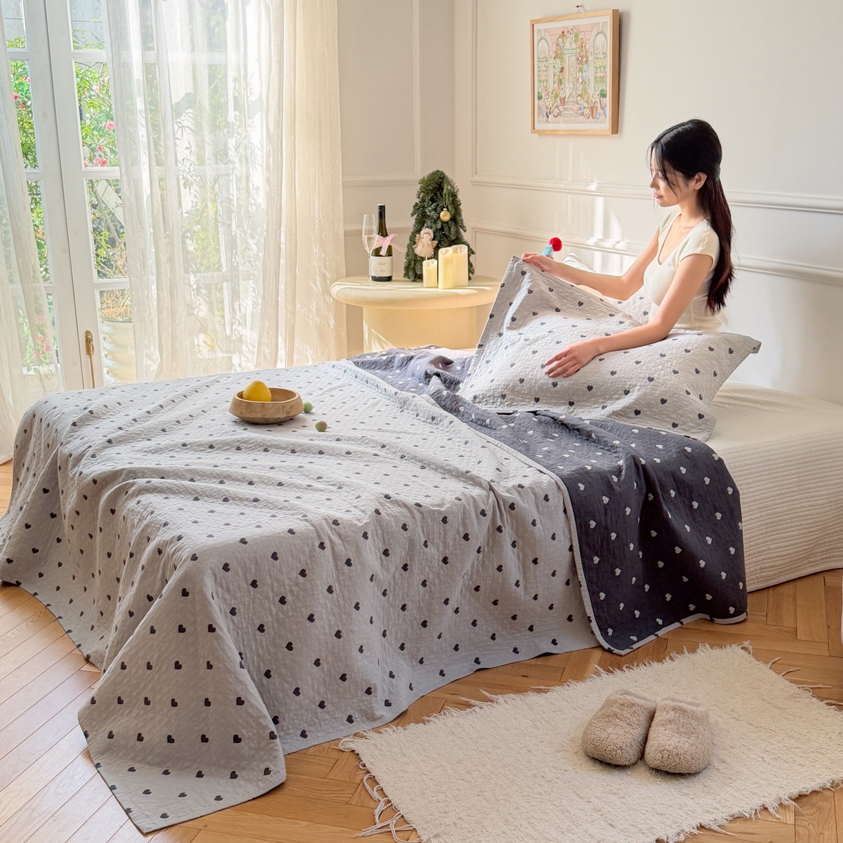 91家纺网 家纺一手货源 找家纺 沐瑟家纺 2026新款全棉四层纱布床盖-星星和心情系列 心情-灰蓝