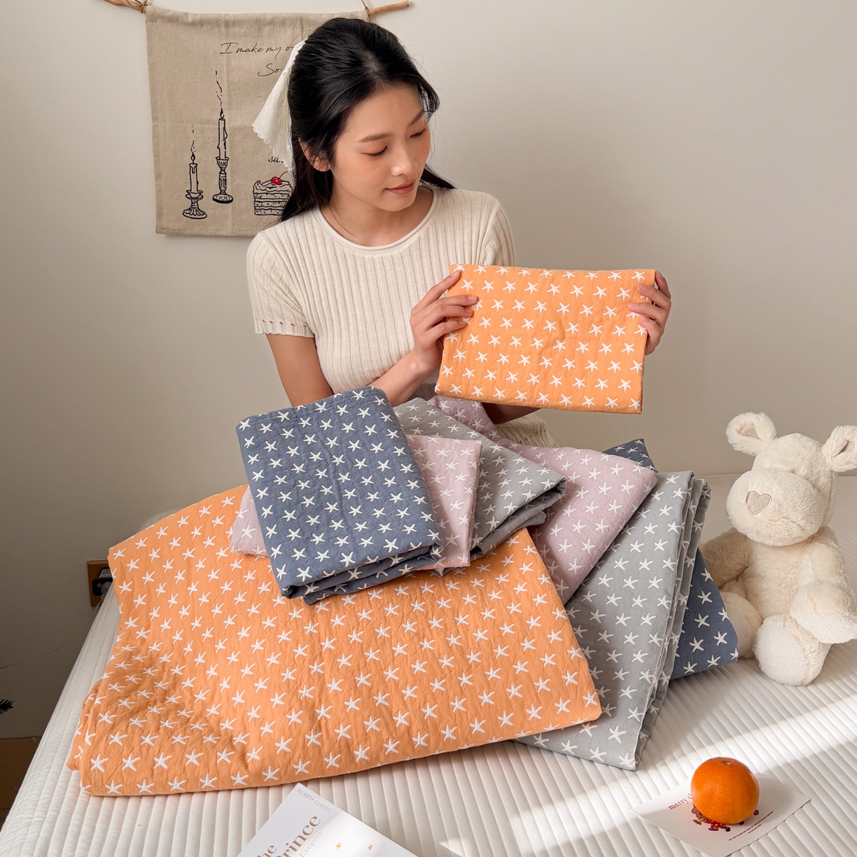 91家纺网 家纺一手货源 找家纺 沐瑟家纺 2026新款全棉四层纱布床盖-星星和心情系列 组合