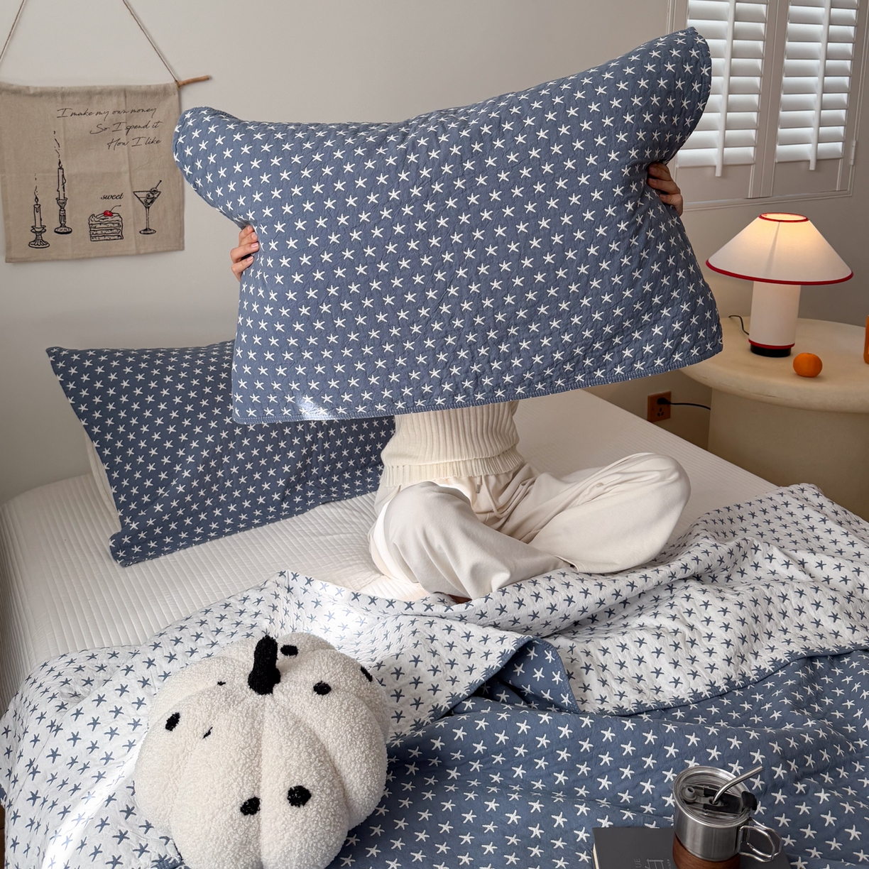 91家纺网 家纺一手货源 找家纺 沐瑟家纺 2026新款全棉四层纱布床盖-星星和心情系列 星星-蓝色