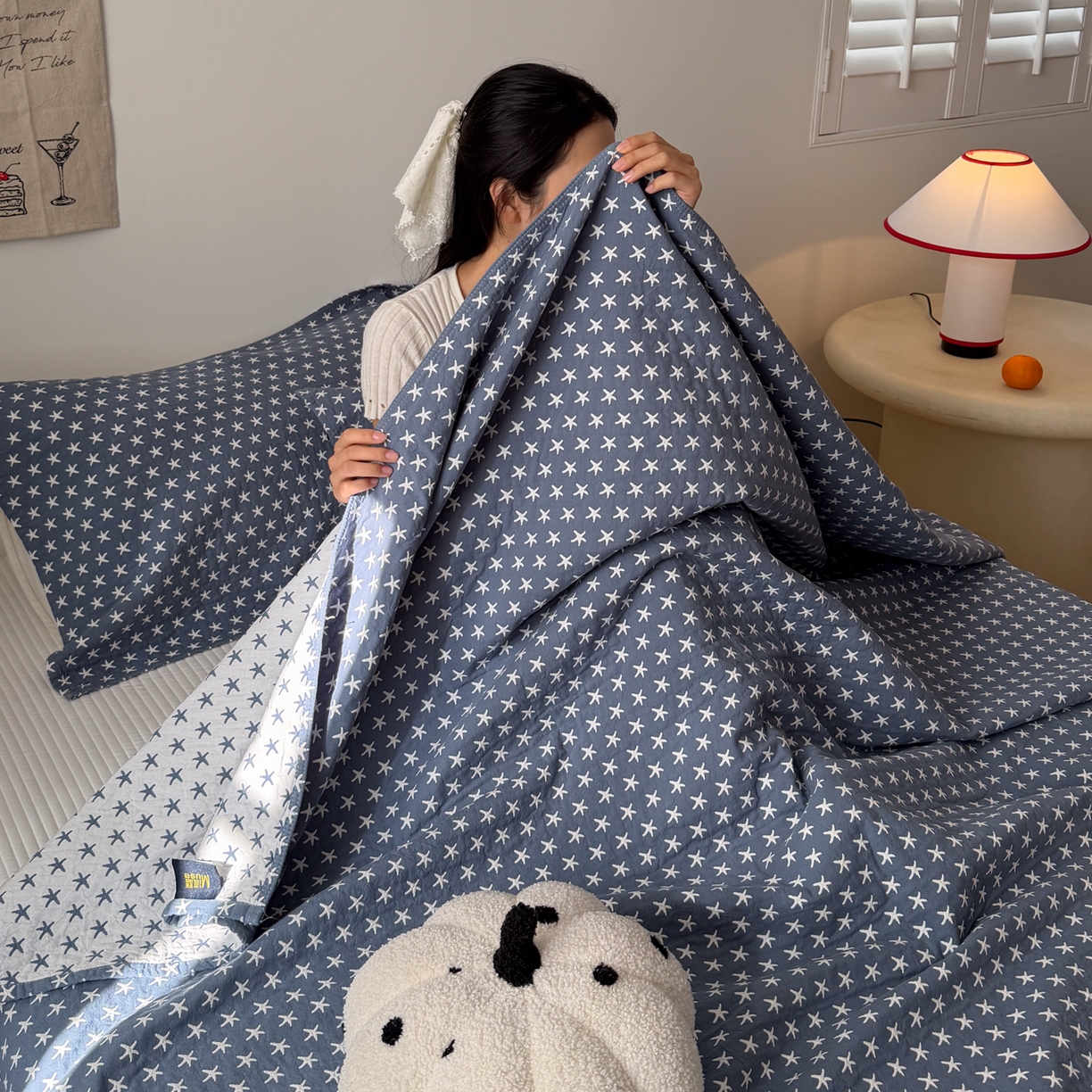 91家纺网 家纺一手货源 找家纺 沐瑟家纺 2026新款全棉四层纱布床盖-星星和心情系列 星星-蓝色