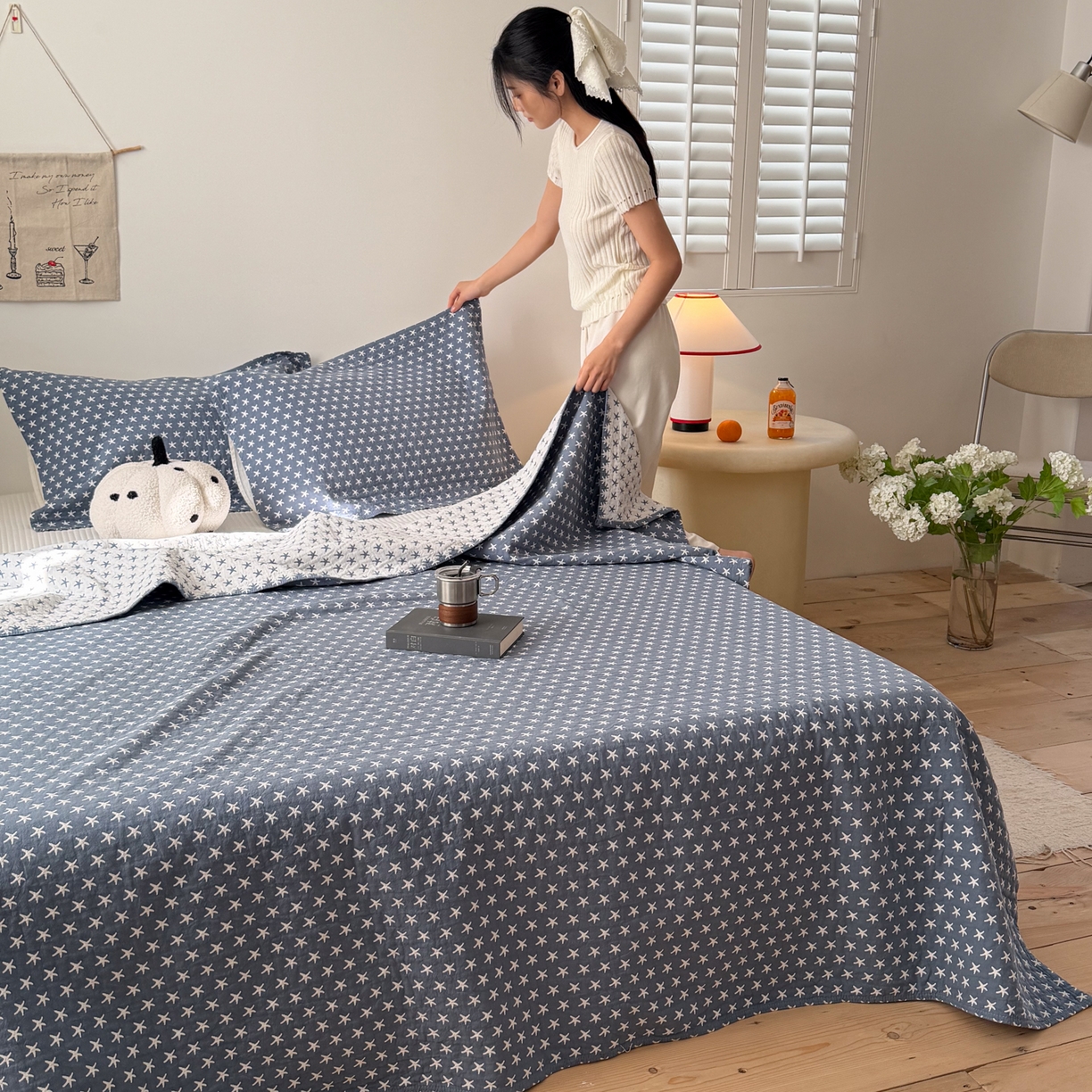 91家纺网 家纺一手货源 找家纺 沐瑟家纺 2026新款全棉四层纱布床盖-星星和心情系列 星星-蓝色
