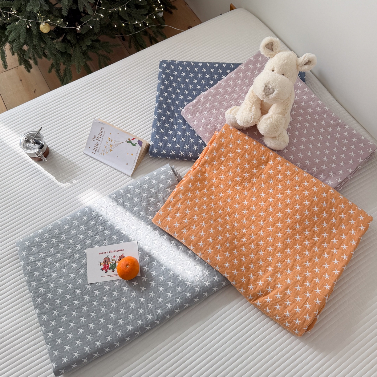 91家纺网 家纺一手货源 找家纺 沐瑟家纺 2026新款全棉四层纱布床盖-星星和心情系列 组合