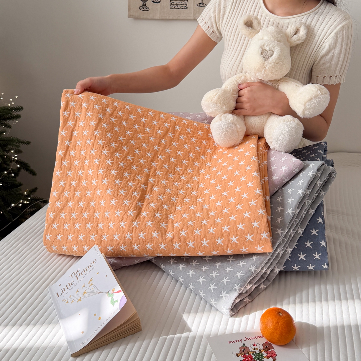 91家纺网 家纺一手货源 找家纺 沐瑟家纺 2026新款全棉四层纱布床盖-星星和心情系列 组合