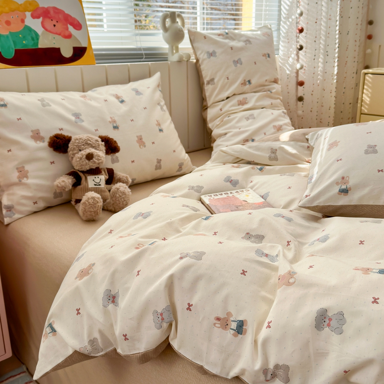 91家纺网 家纺一手货源 找家纺 梵克保罗 2026春夏新款ins小清新40支全棉13372四件套学生三件套单被套单枕套系列-第一批（四件套） 豆丁小熊