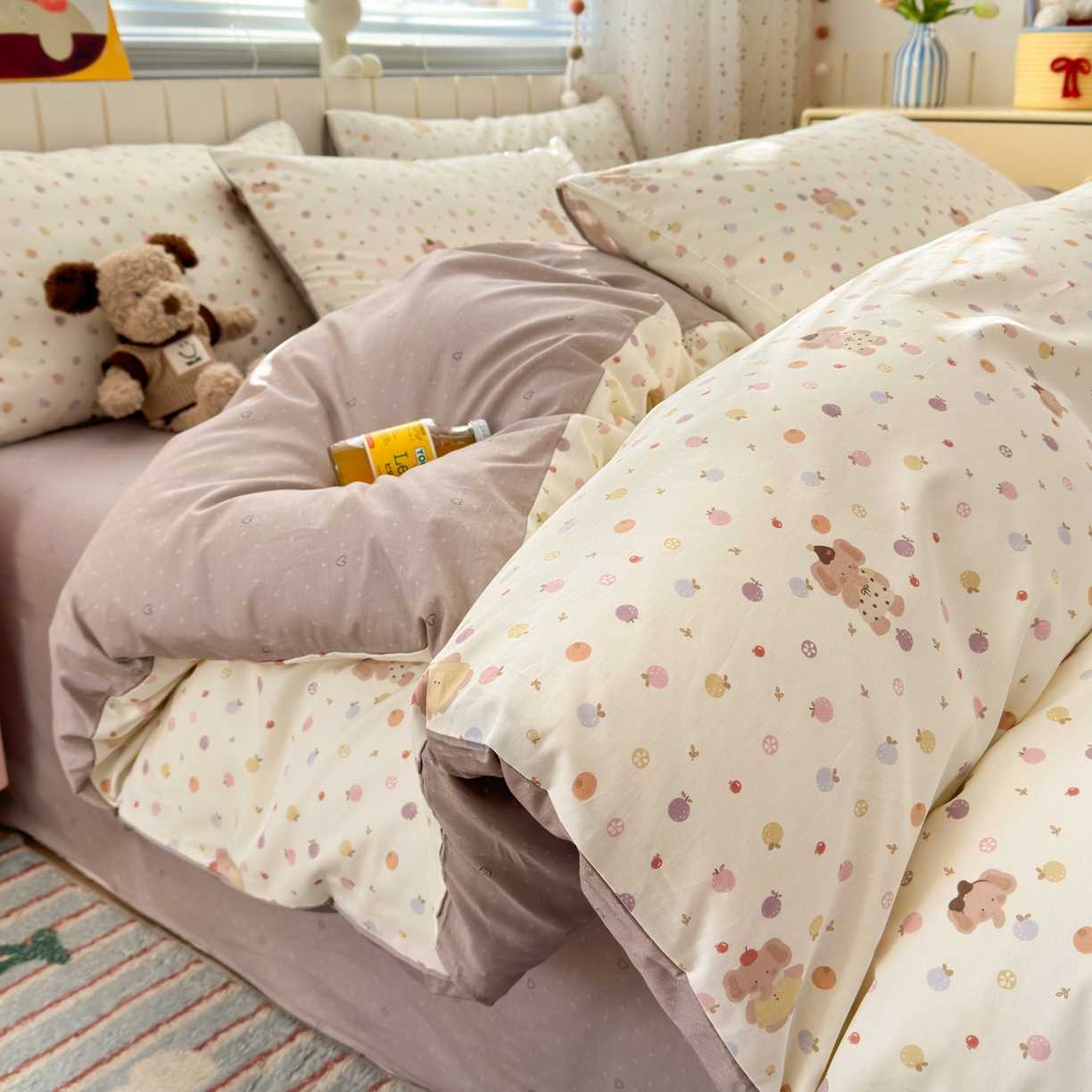 91家纺网 家纺一手货源 找家纺 梵克保罗 2026春夏新款ins小清新40支全棉13372四件套学生三件套单被套单枕套系列-第一批（四件套） 果子象