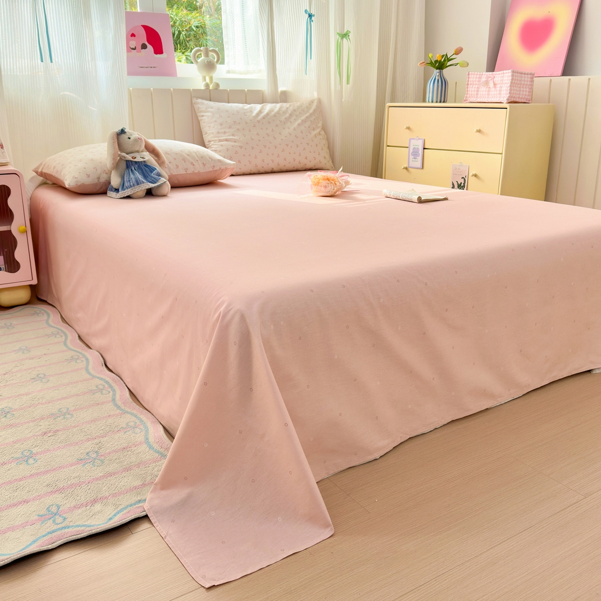 91家纺网 家纺一手货源 找家纺 梵克保罗 2026春夏新款ins小清新40支全棉13372四件套学生三件套单被套单枕套系列-第一批（四件套） 春之约定