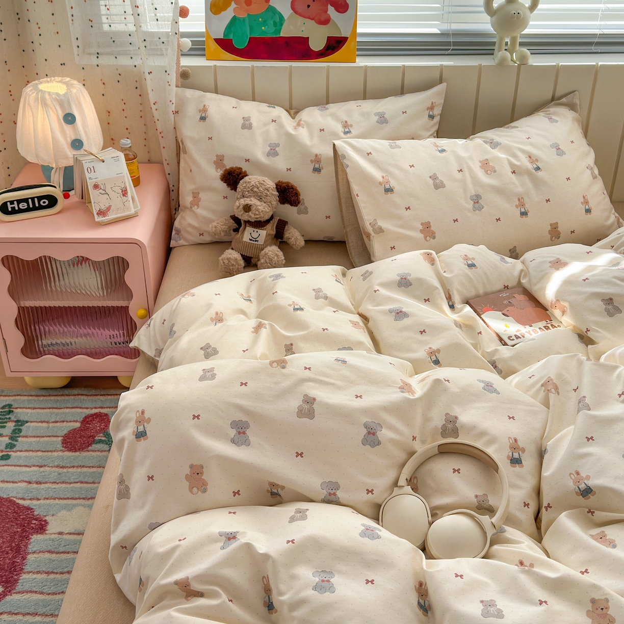 91家纺网 家纺一手货源 找家纺 梵克保罗 2026春夏新款ins小清新40支全棉13372四件套学生三件套单被套单枕套系列-第一批（四件套） 豆丁小熊