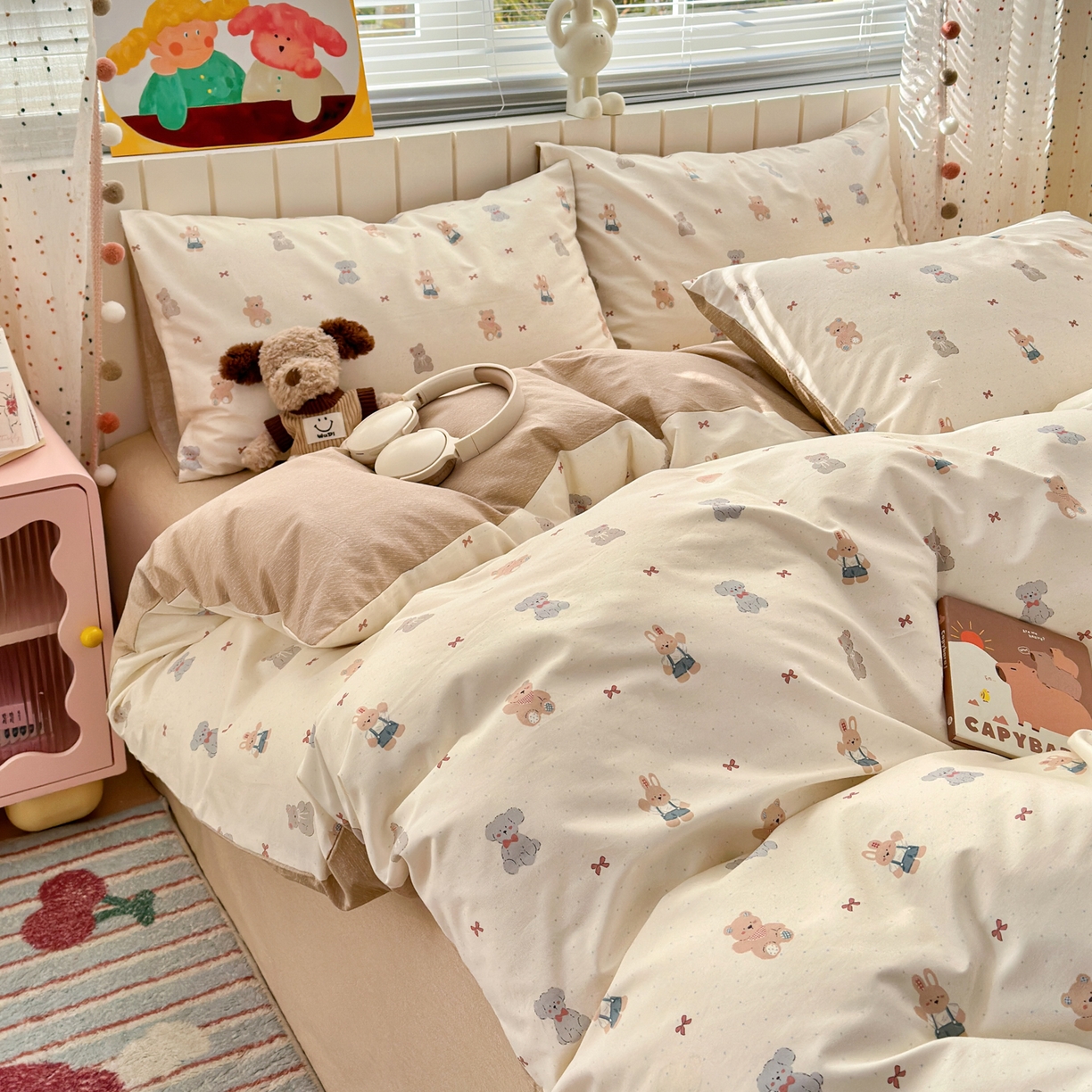 91家纺网 家纺一手货源 找家纺 梵克保罗 2026春夏新款ins小清新40支全棉13372四件套学生三件套单被套单枕套系列-第一批（四件套） 豆丁小熊