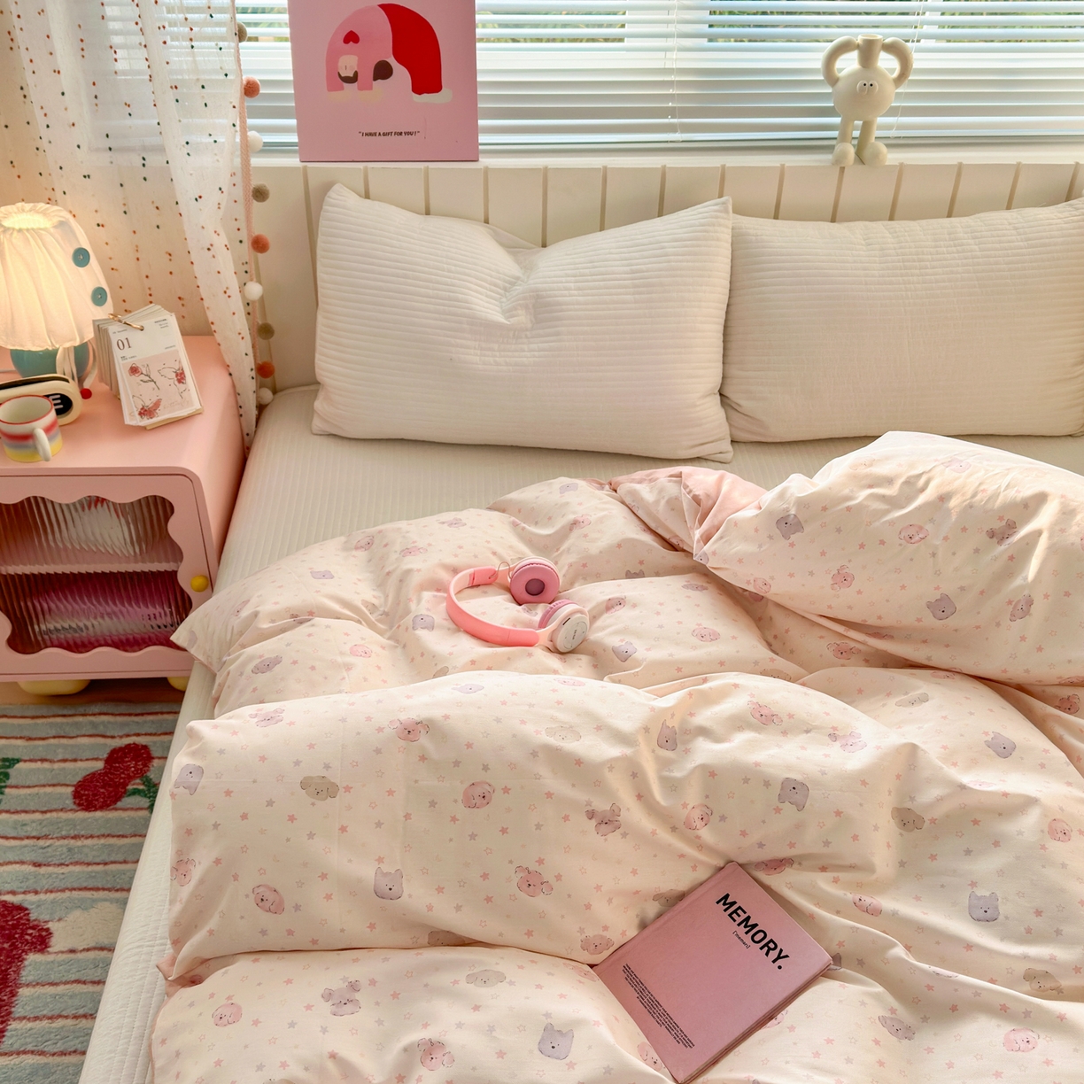 91家纺网 家纺一手货源 找家纺 梵克保罗 2026春夏新款ins小清新40支全棉13372四件套学生三件套单被套单枕套系列-第一批（四件套） 粉心狗