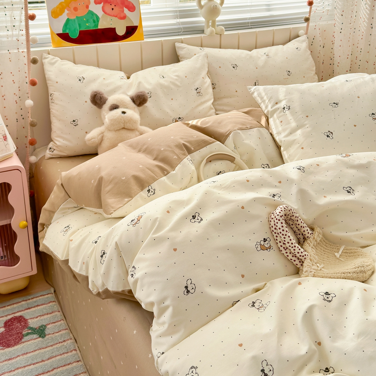 91家纺网 家纺一手货源 找家纺 梵克保罗 2026春夏新款ins小清新40支全棉13372四件套学生三件套单被套单枕套系列-第一批（四件套） 点点小狗