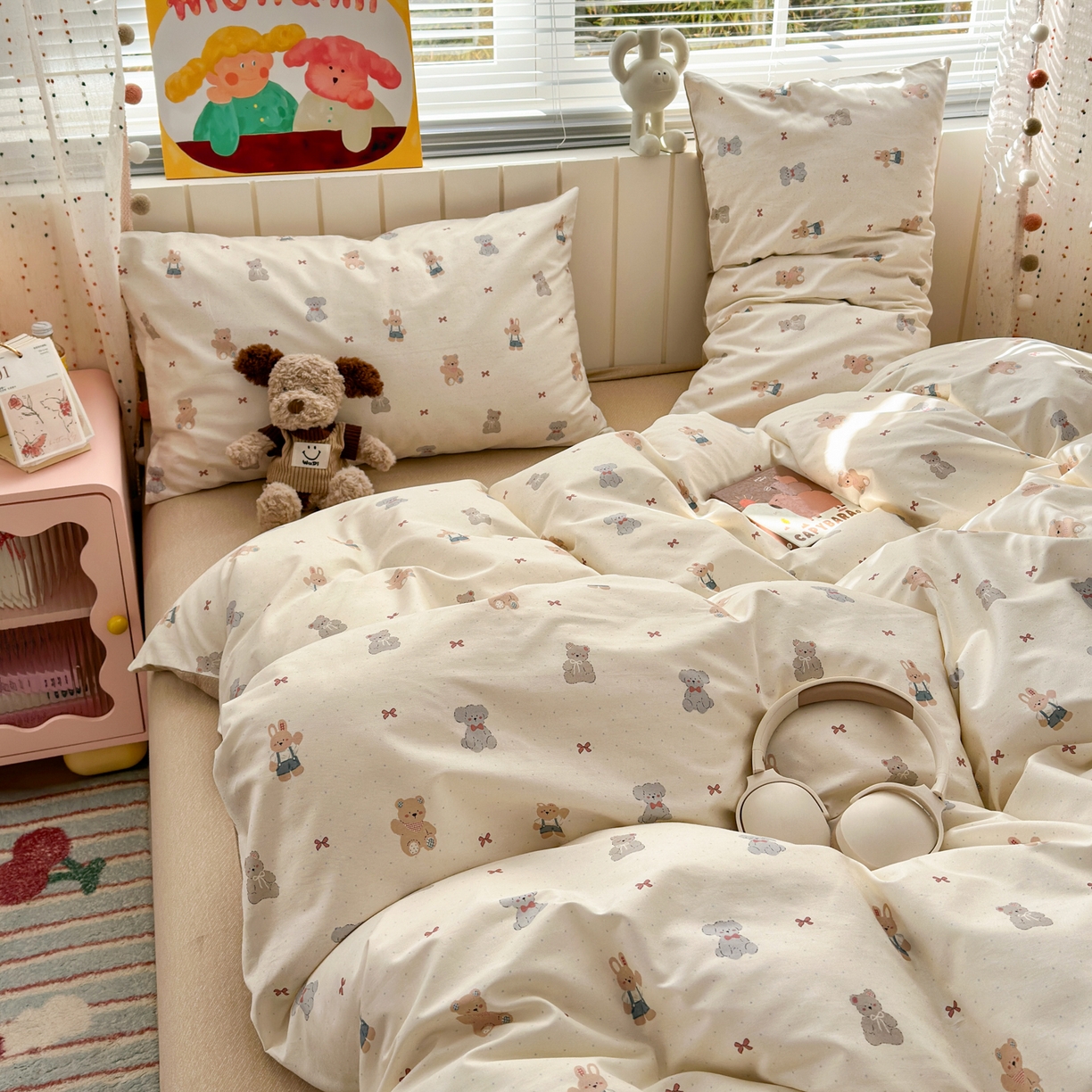 91家纺网 家纺一手货源 找家纺 梵克保罗 2026春夏新款ins小清新40支全棉13372四件套学生三件套单被套单枕套系列-第一批（四件套） 豆丁小熊