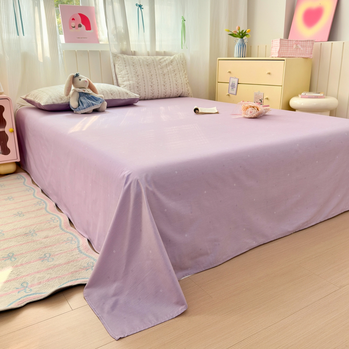 91家纺网 家纺一手货源 找家纺 梵克保罗 2026春夏新款ins小清新40支全棉13372四件套学生三件套单被套单枕套系列-第一批（四件套） 含羞草