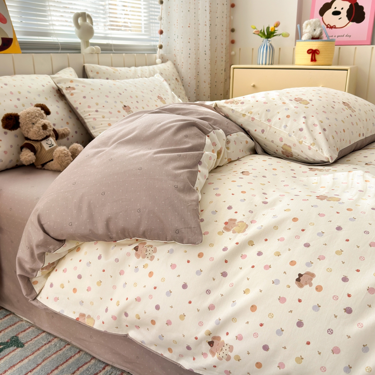 91家纺网 家纺一手货源 找家纺 梵克保罗 2026春夏新款ins小清新40支全棉13372四件套学生三件套单被套单枕套系列-第一批（四件套） 果子象