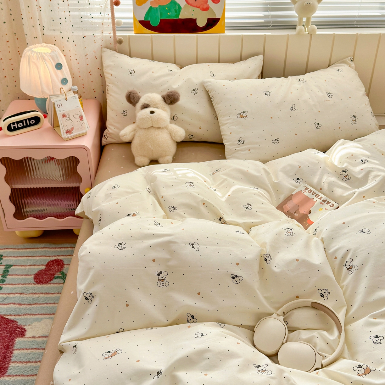 91家纺网 家纺一手货源 找家纺 梵克保罗 2026春夏新款ins小清新40支全棉13372四件套学生三件套单被套单枕套系列-第一批（四件套） 点点小狗