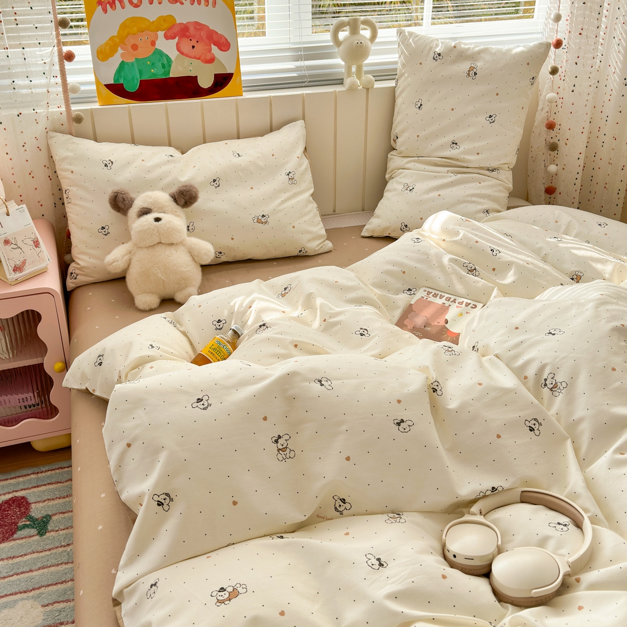 91家纺网 家纺一手货源 找家纺 梵克保罗 2026春夏新款ins小清新40支全棉13372四件套学生三件套单被套单枕套系列-第一批（四件套） 点点小狗