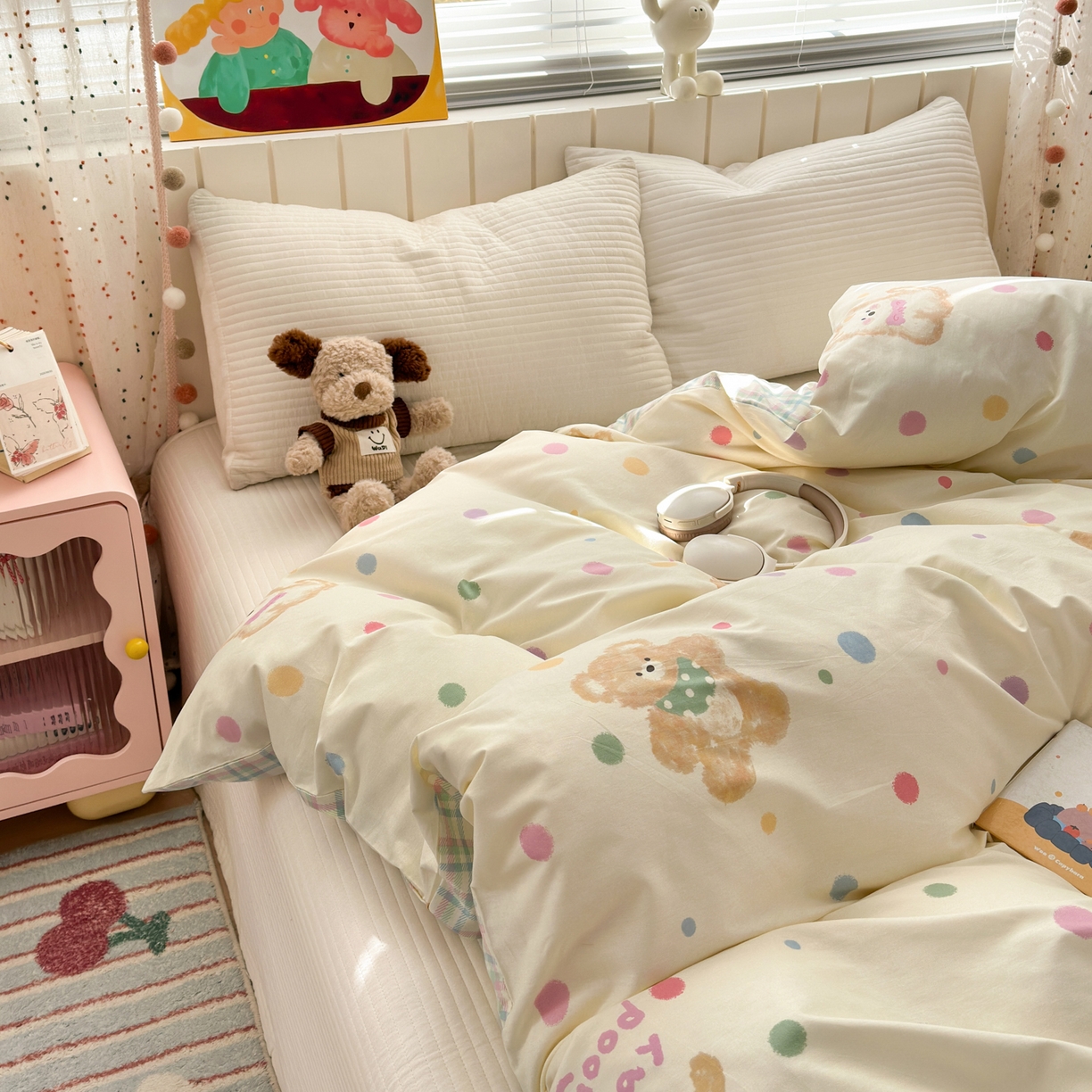 91家纺网 家纺一手货源 找家纺 梵克保罗 2026春夏新款ins小清新40支全棉13372四件套学生三件套单被套单枕套系列-第一批（四件套） 假日小狗