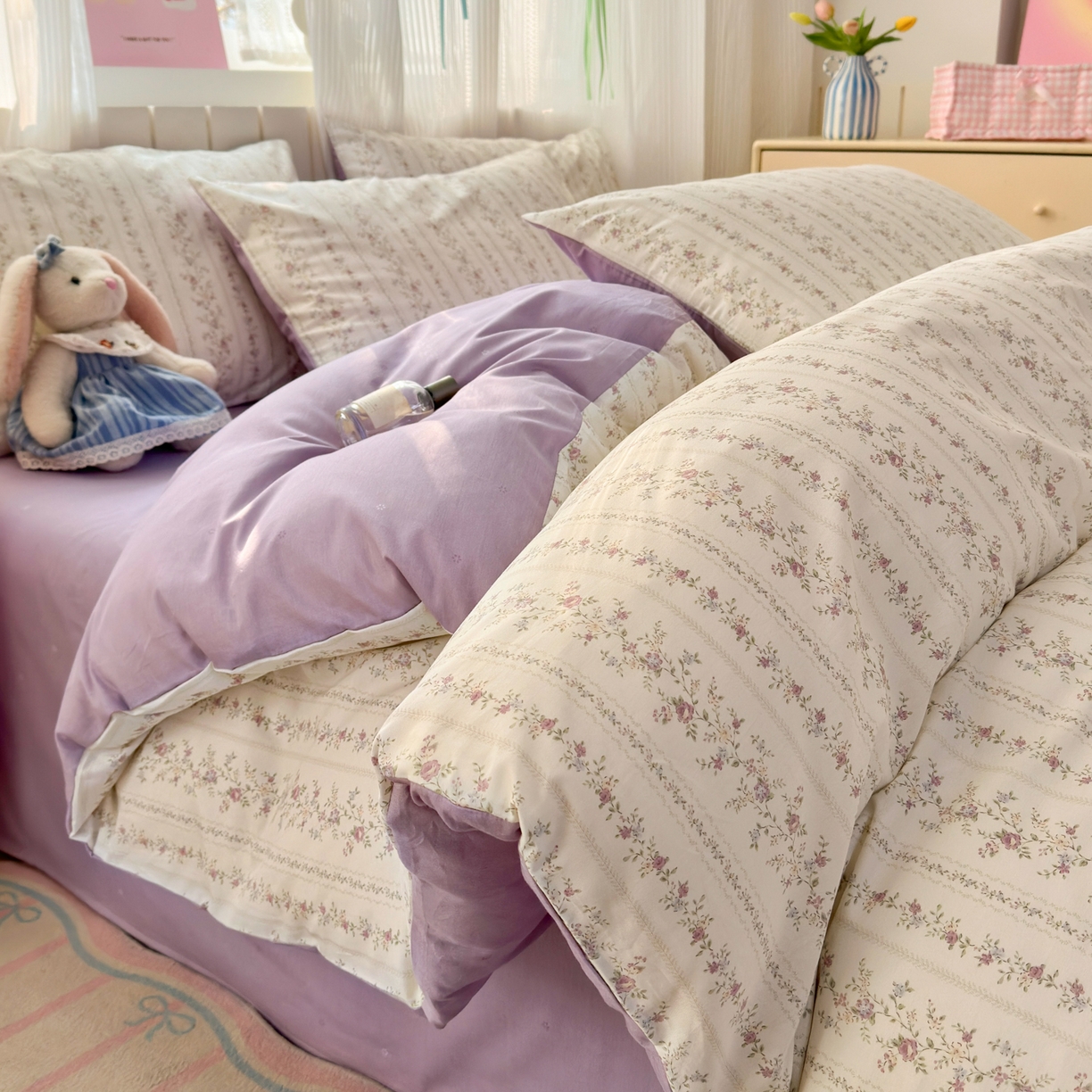 91家纺网 家纺一手货源 找家纺 梵克保罗 2026春夏新款ins小清新40支全棉13372四件套学生三件套单被套单枕套系列-第一批（四件套） 含羞草