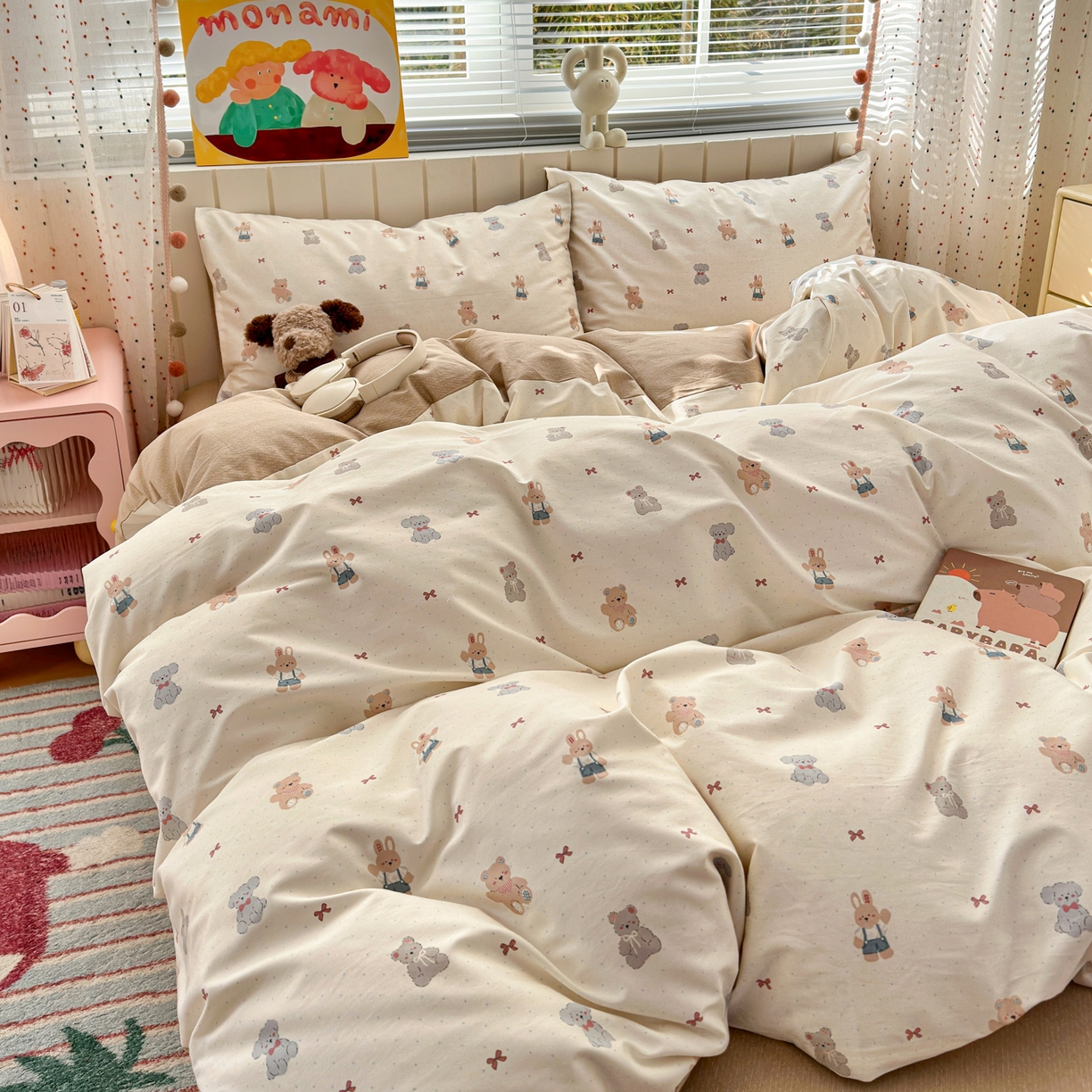 91家纺网 家纺一手货源 找家纺 梵克保罗 2026春夏新款ins小清新40支全棉13372四件套学生三件套单被套单枕套系列-第一批（四件套） 豆丁小熊