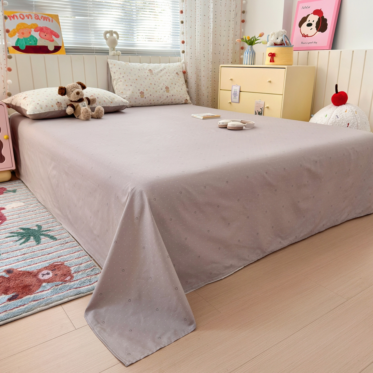 91家纺网 家纺一手货源 找家纺 梵克保罗 2026春夏新款ins小清新40支全棉13372四件套学生三件套单被套单枕套系列-第一批（四件套） 果子象