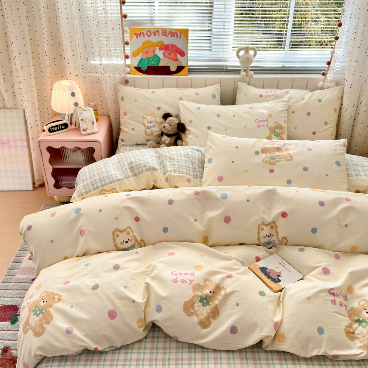 91家纺网 家纺一手货源 找家纺 梵克保罗 2026春夏新款ins小清新40支全棉13372四件套学生三件套单被套单枕套系列-第一批（四件套） 假日小狗