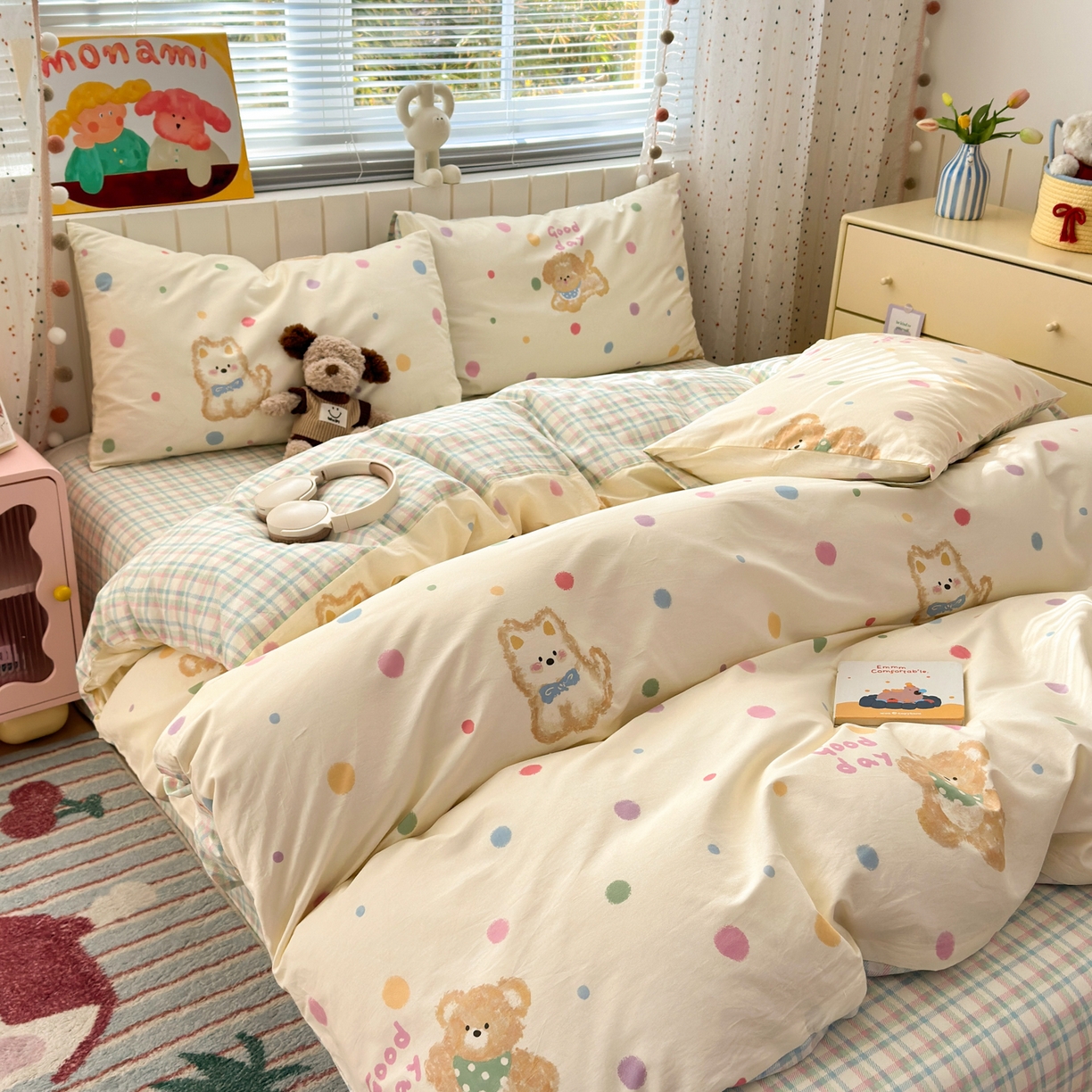 91家纺网 家纺一手货源 找家纺 梵克保罗 2026春夏新款ins小清新40支全棉13372四件套学生三件套单被套单枕套系列-第一批（四件套） 假日小狗