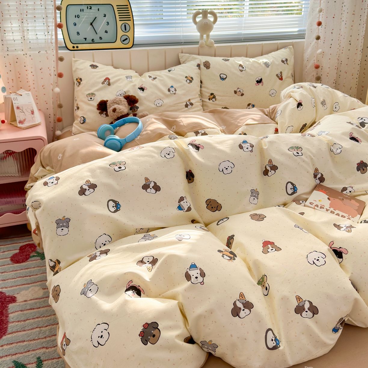 91家纺网 家纺一手货源 找家纺 梵克保罗 2026春夏新款ins小清新40支全棉13372四件套学生三件套单被套单枕套系列-第一批（四件套） 富贵狗