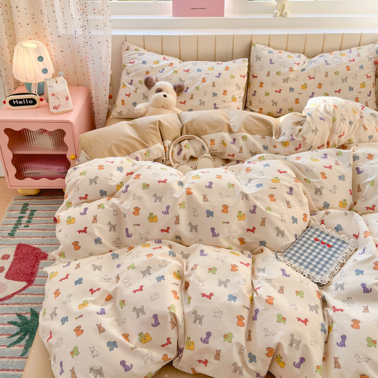 91家纺网 家纺一手货源 找家纺 梵克保罗 2026春夏新款ins小清新40支全棉13372四件套学生三件套单被套单枕套系列-第一批（四件套） 动物聚会