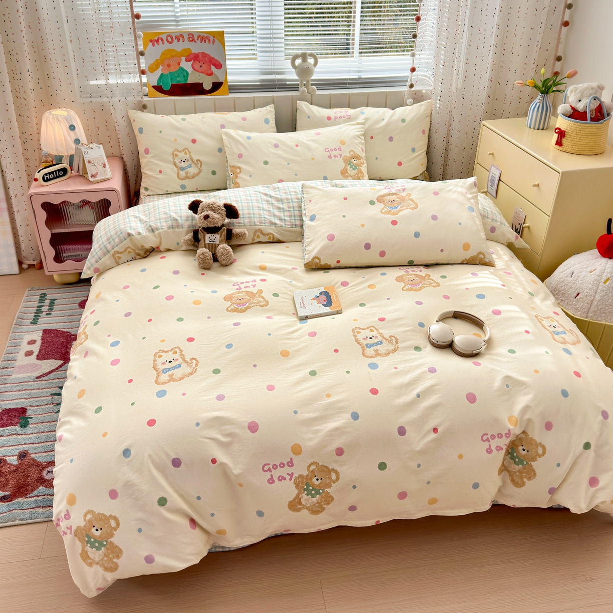 91家纺网 家纺一手货源 找家纺 梵克保罗 2026春夏新款ins小清新40支全棉13372四件套学生三件套单被套单枕套系列-第一批（四件套） 假日小狗