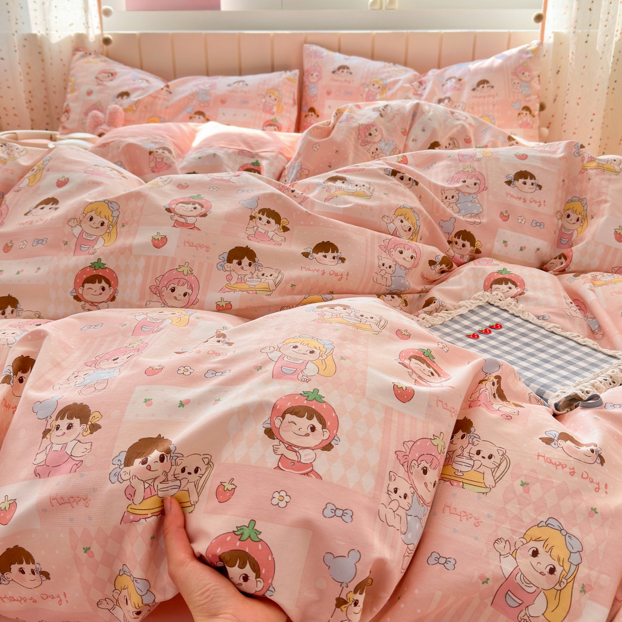 91家纺网 家纺一手货源 找家纺 梵克保罗 2026春夏新款ins小清新40支全棉13372四件套学生三件套单被套单枕套系列-第一批（四件套） 棒棒糖女孩