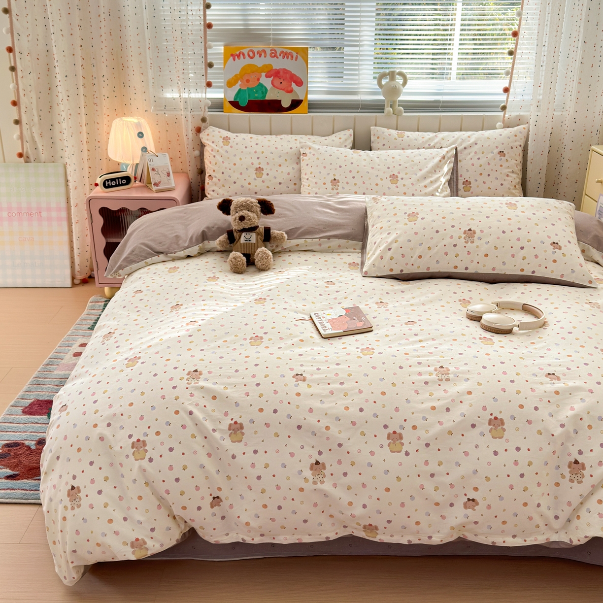 91家纺网 家纺一手货源 找家纺 梵克保罗 2026春夏新款ins小清新40支全棉13372四件套学生三件套单被套单枕套系列-第一批（四件套） 果子象