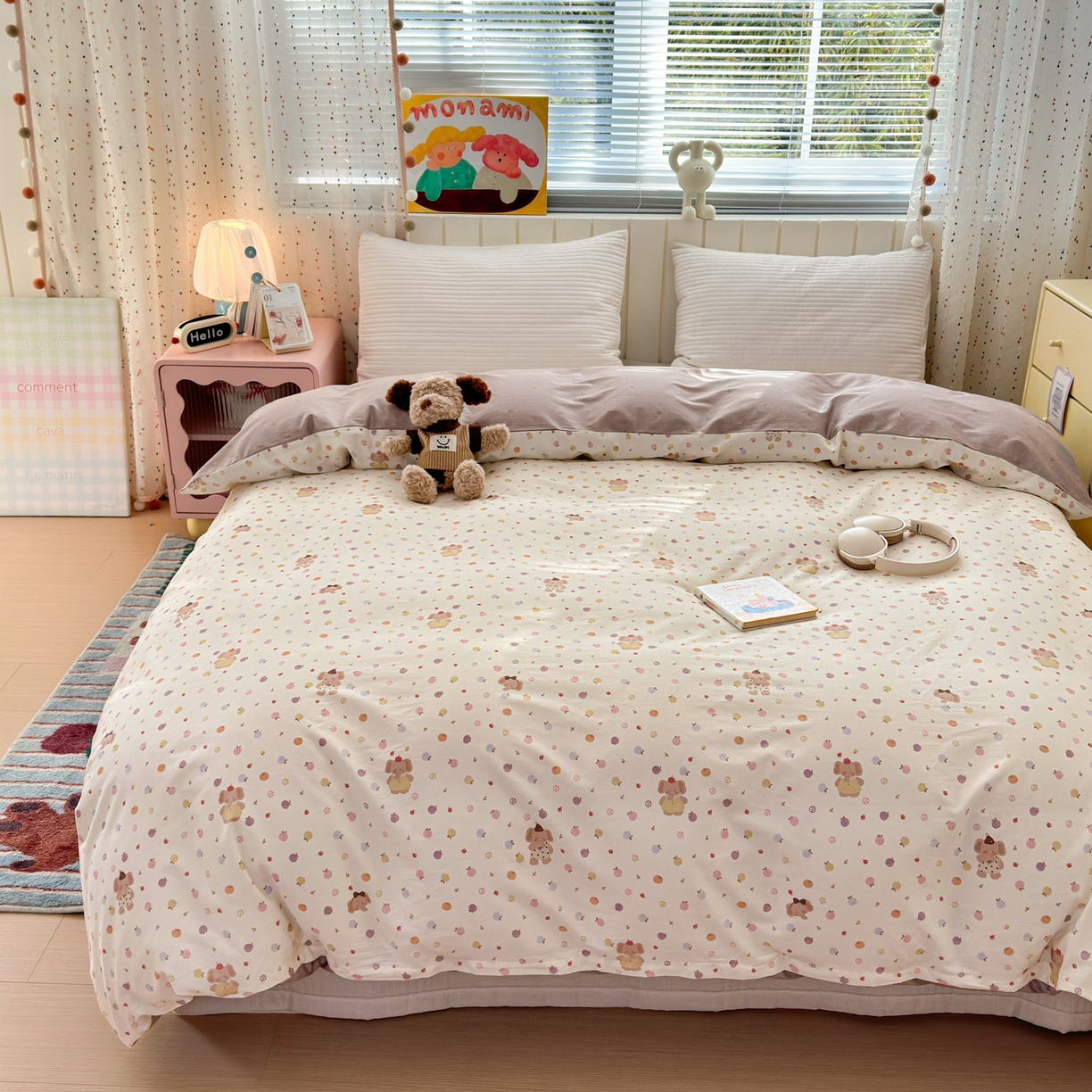 91家纺网 家纺一手货源 找家纺 梵克保罗 2026春夏新款ins小清新40支全棉13372四件套学生三件套单被套单枕套系列-第一批（四件套） 果子象