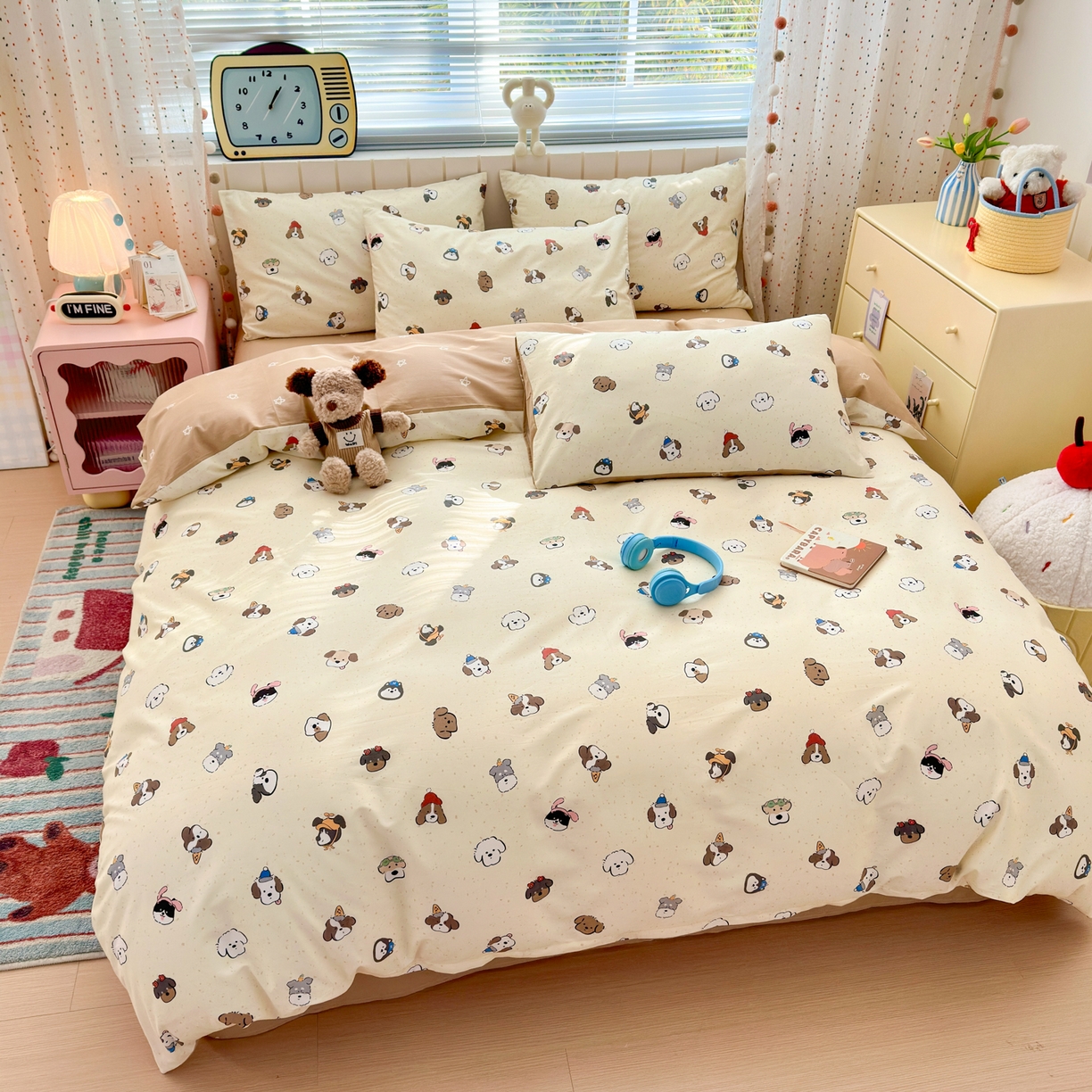 91家纺网 家纺一手货源 找家纺 梵克保罗 2026春夏新款ins小清新40支全棉13372四件套学生三件套单被套单枕套系列-第一批（四件套） 富贵狗