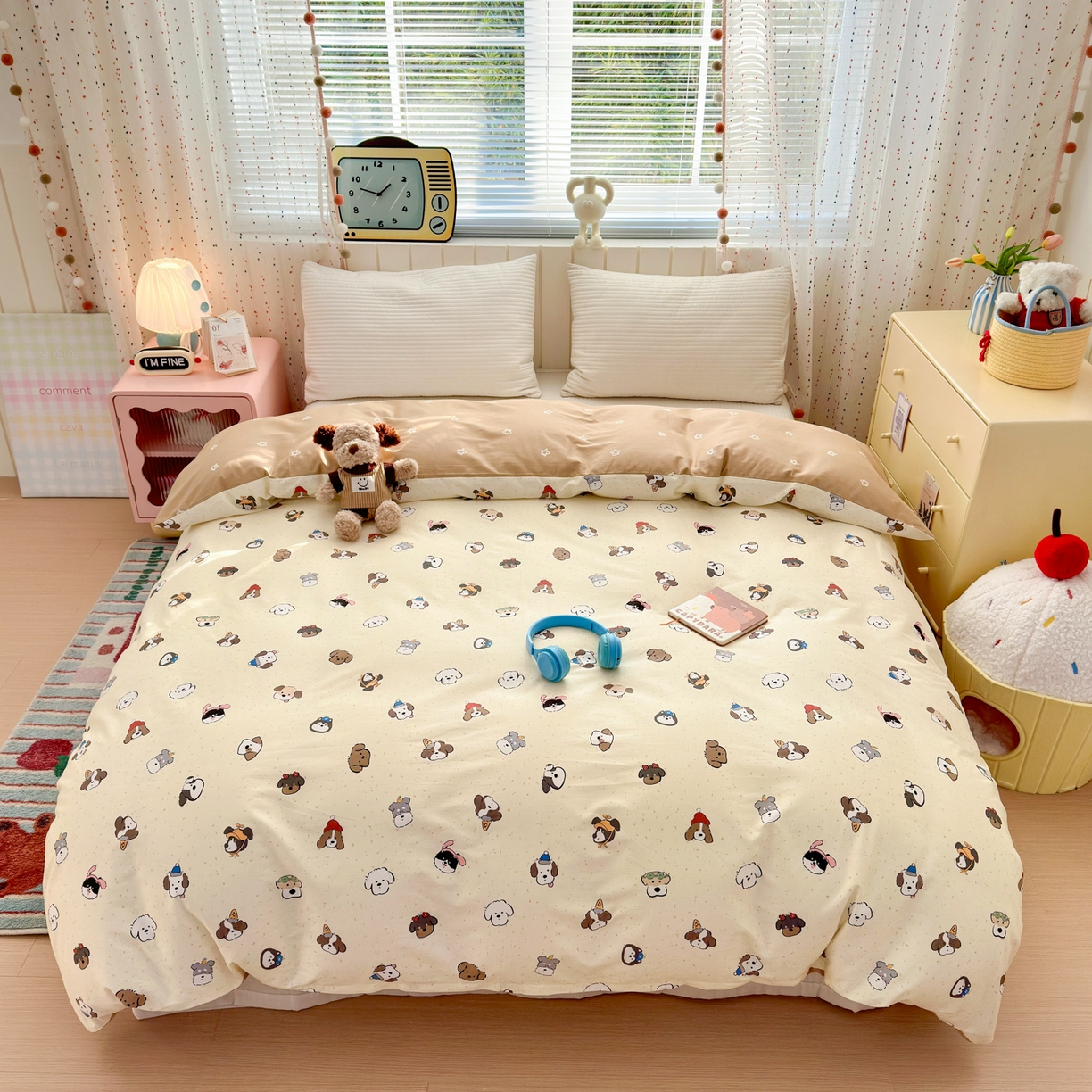 91家纺网 家纺一手货源 找家纺 梵克保罗 2026春夏新款ins小清新40支全棉13372四件套学生三件套单被套单枕套系列-第一批（四件套） 富贵狗