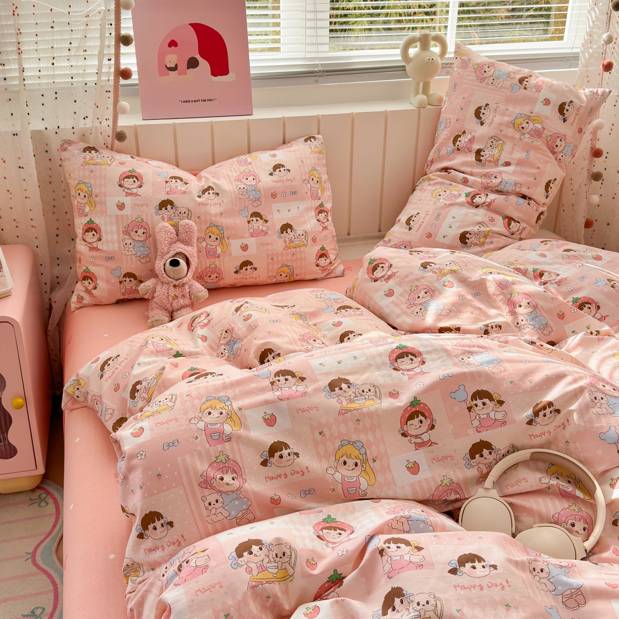 91家纺网 家纺一手货源 找家纺 梵克保罗 2026春夏新款ins小清新40支全棉13372四件套学生三件套单被套单枕套系列-第一批（四件套） 棒棒糖女孩